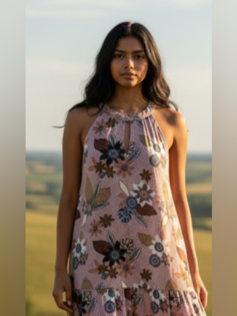 NWT-Large Loft Sleeveless bohemian Floral Halter homecoming Dress in Mauve Pink